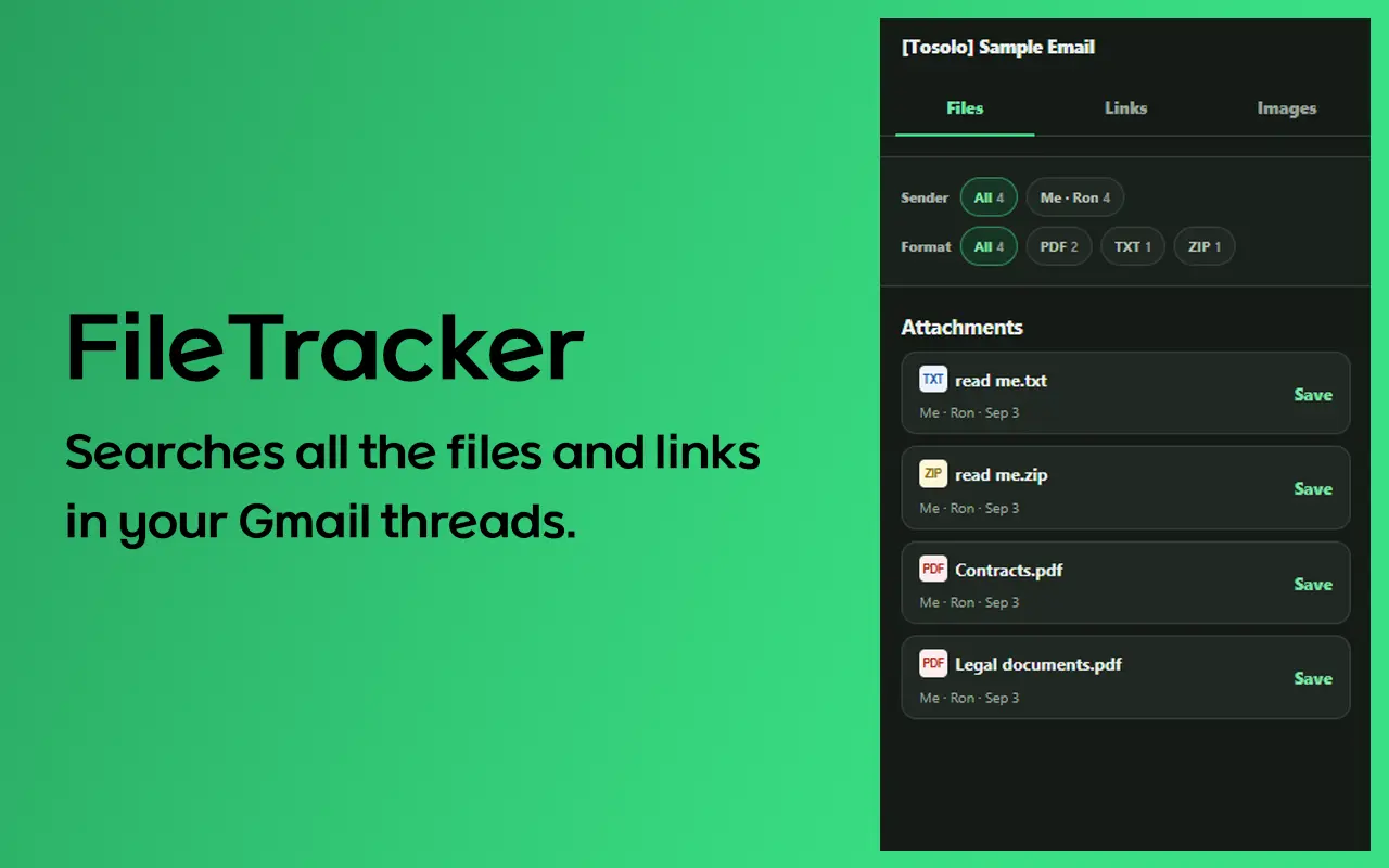 FileTracker overview with files collected from a Gmail thread