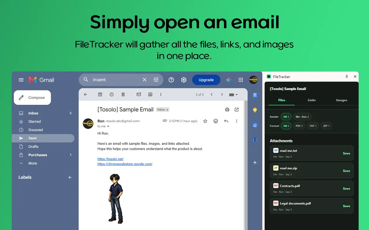 FileTracker sidebar gathering files, links, and images from an open email