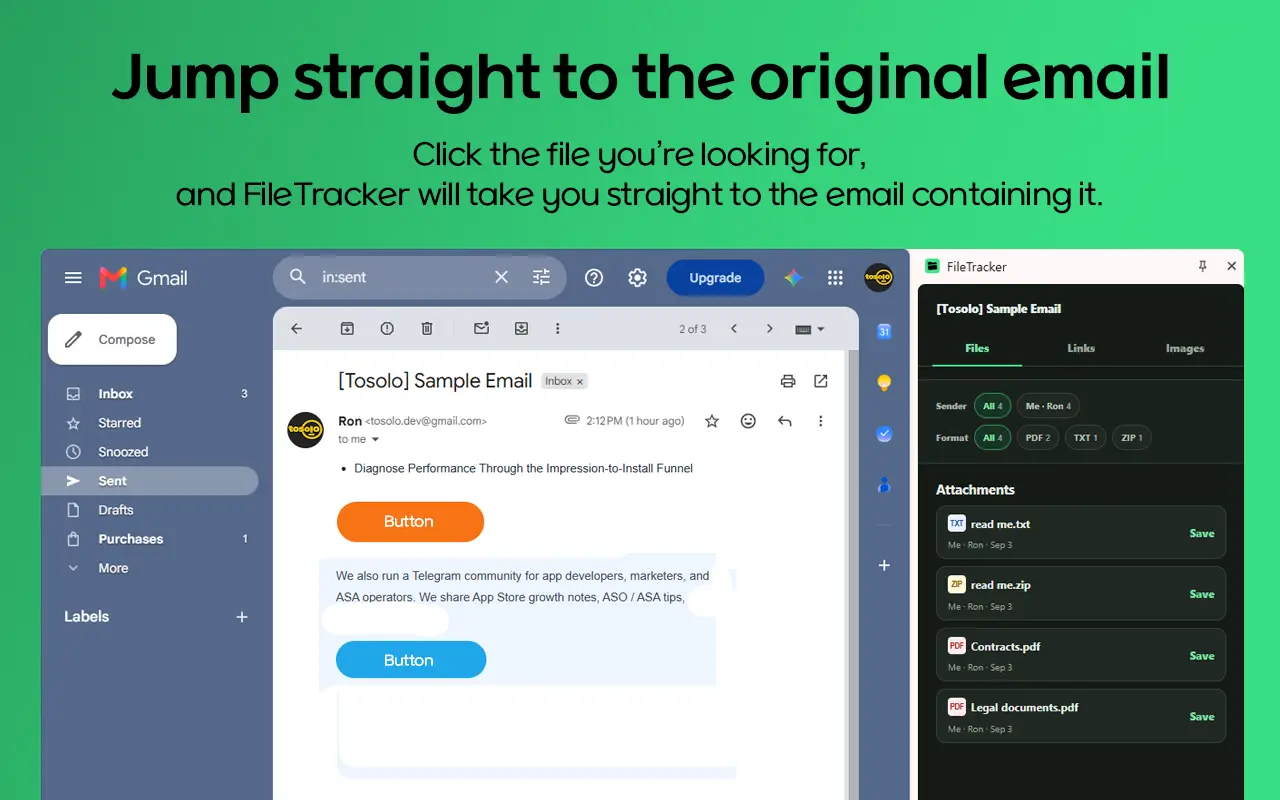 FileTracker opening the original email that contains a selected file